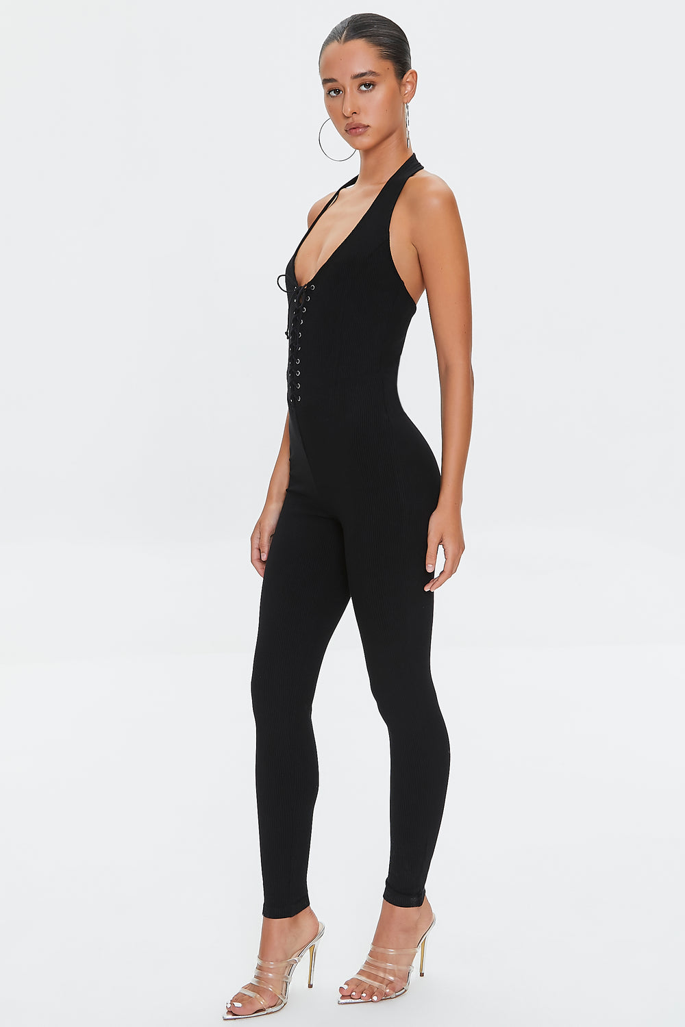 Fitted Lace-Up Halter Jumpsuit Black