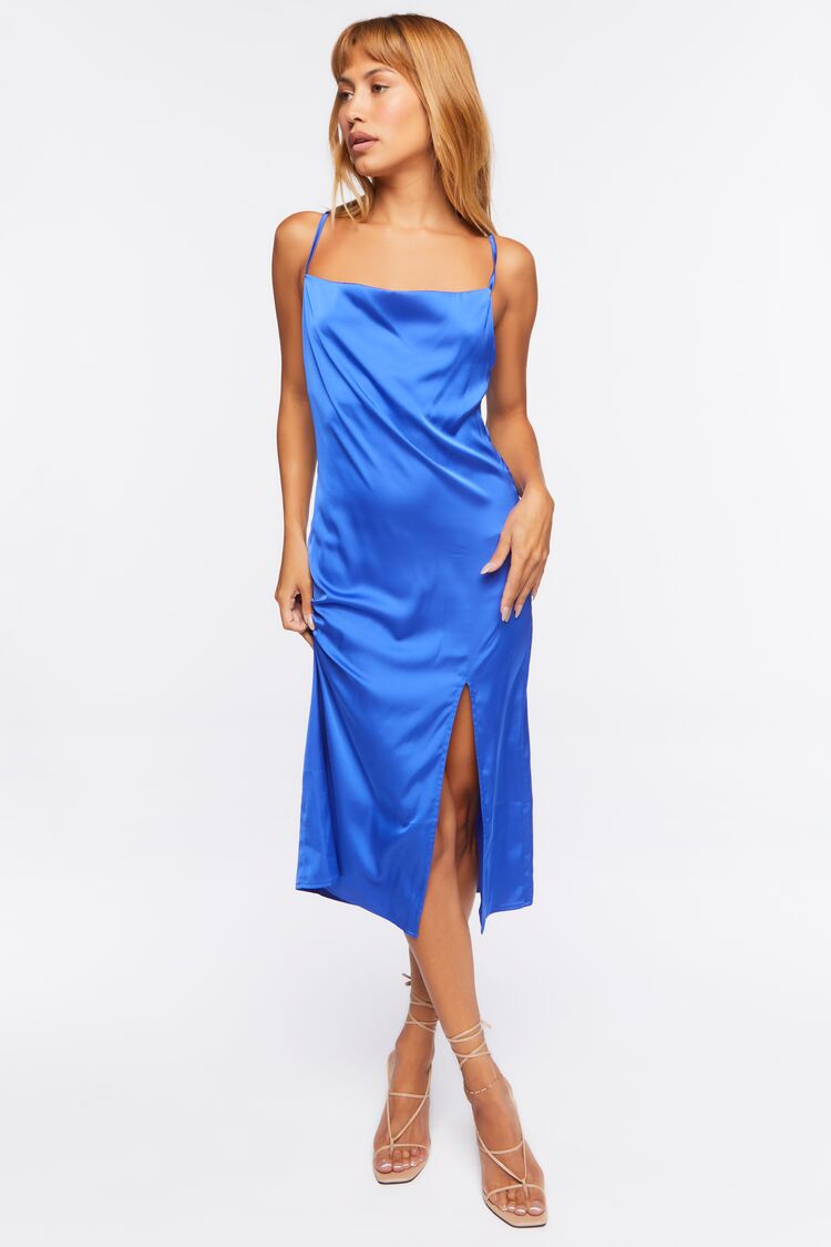 Cowl Neck Satin Midi Dress Blue