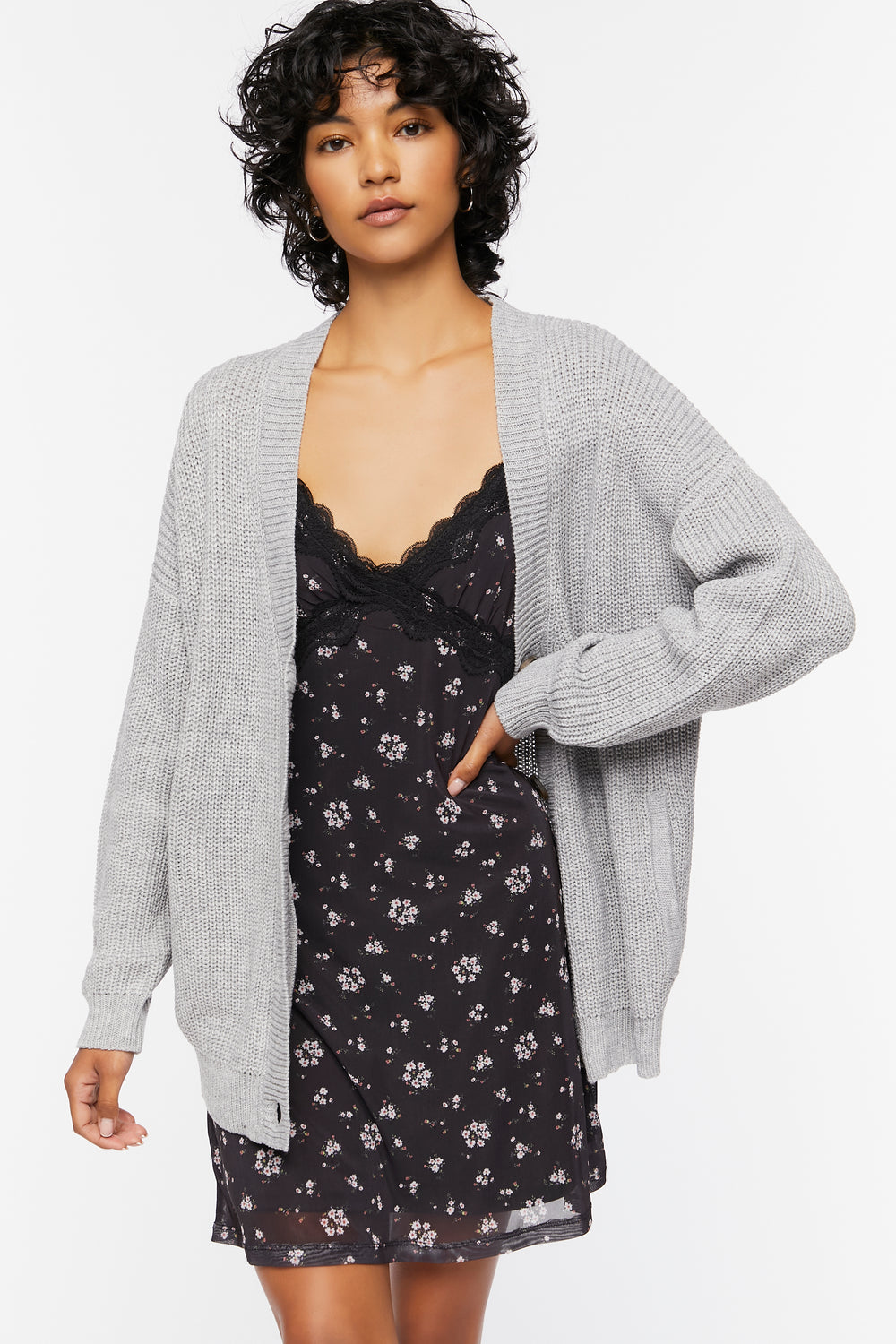 Drop-Sleeve Cardigan Sweater Heather Grey