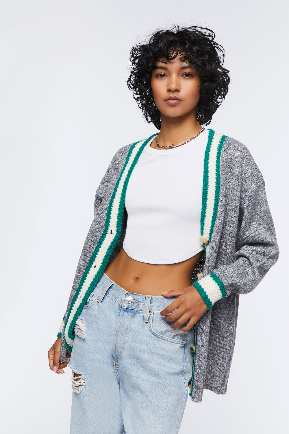 Varsity-Striped Cardigan Sweater Heather Grey