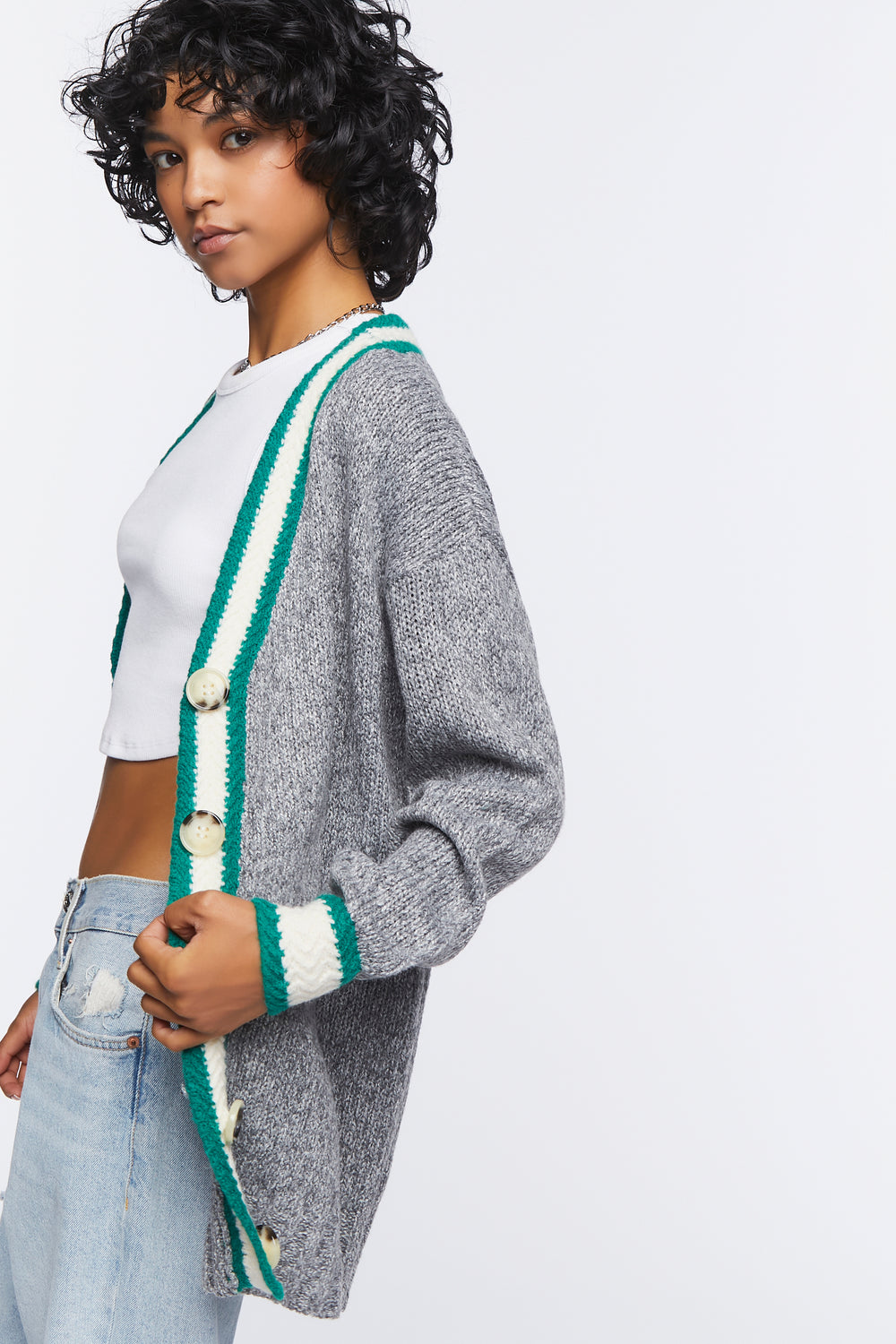 Varsity-Striped Cardigan Sweater Heather Grey