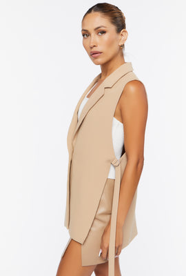 Link to Notched Button-Front Blazer Vest Tan