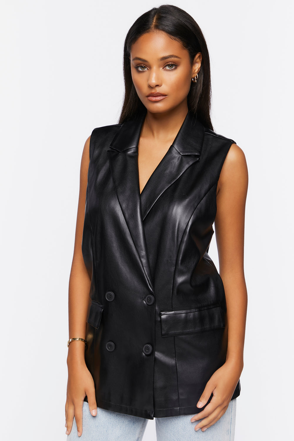 Faux Leather Double-Breasted Vest Black