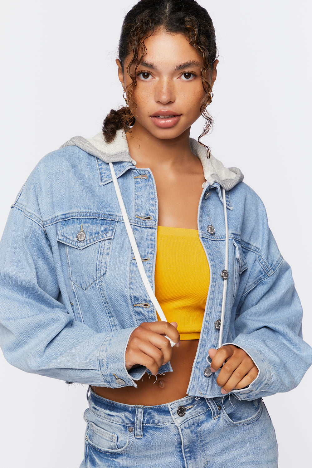 Hooded Cropped Denim Jacket Medium Blue