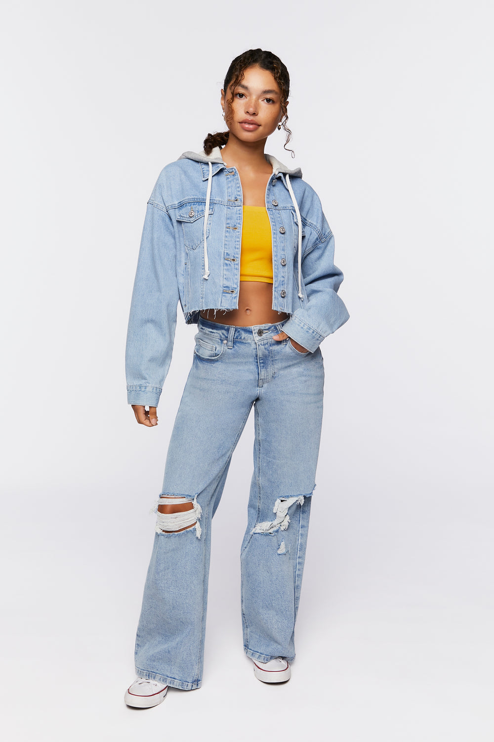 Hooded Cropped Denim Jacket Medium Blue