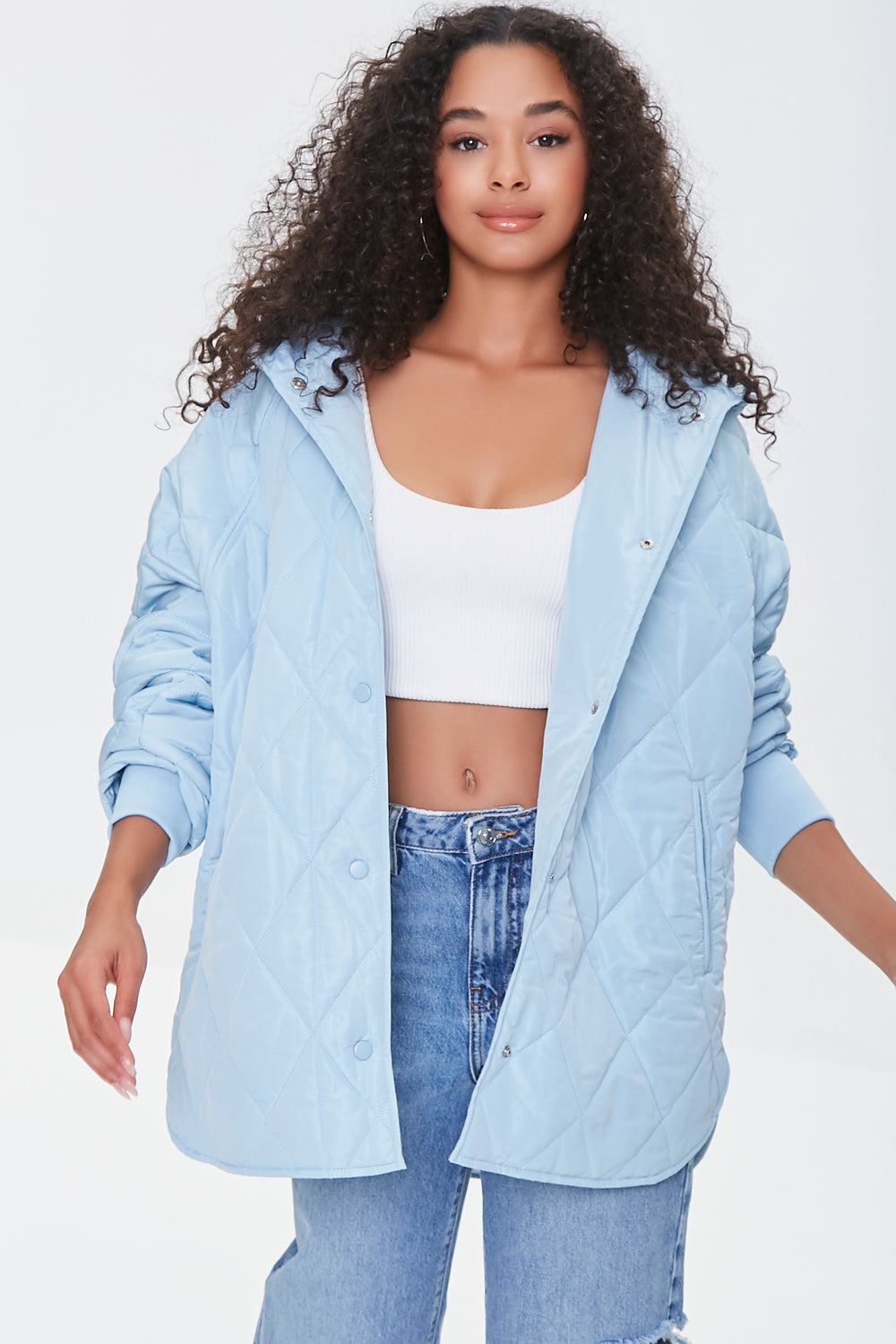 Quilted Button-Front Hooded Jacket Light Blue