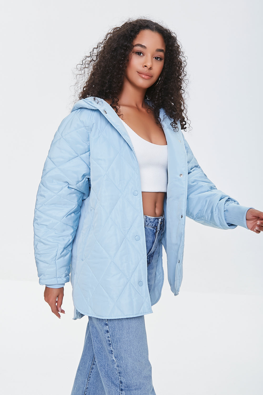 Quilted Button-Front Hooded Jacket Light Blue