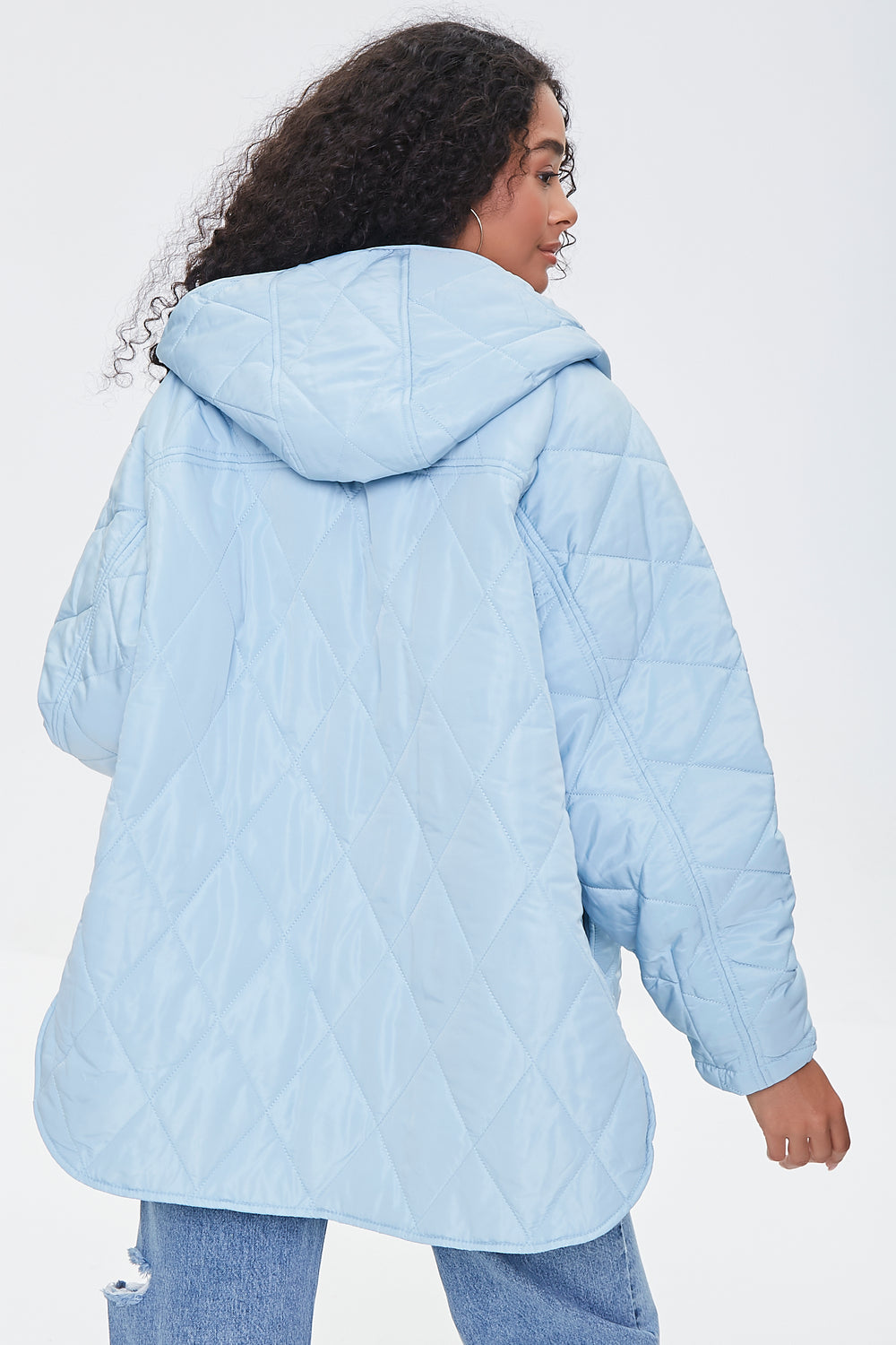 Quilted Button-Front Hooded Jacket Light Blue