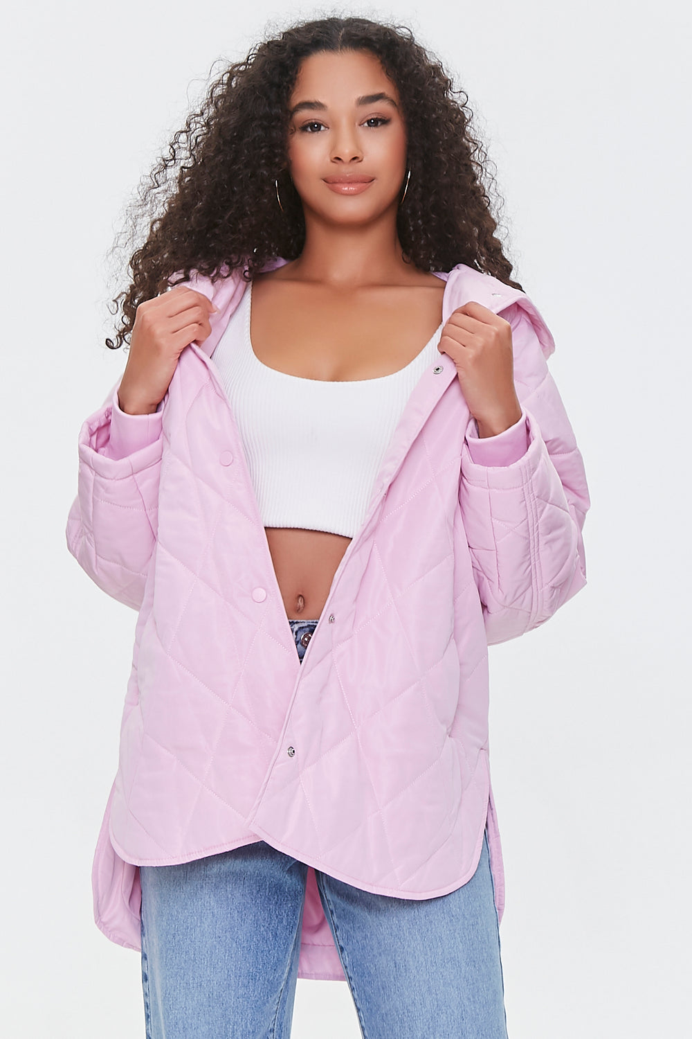Quilted Button-Front Hooded Jacket Light Pink