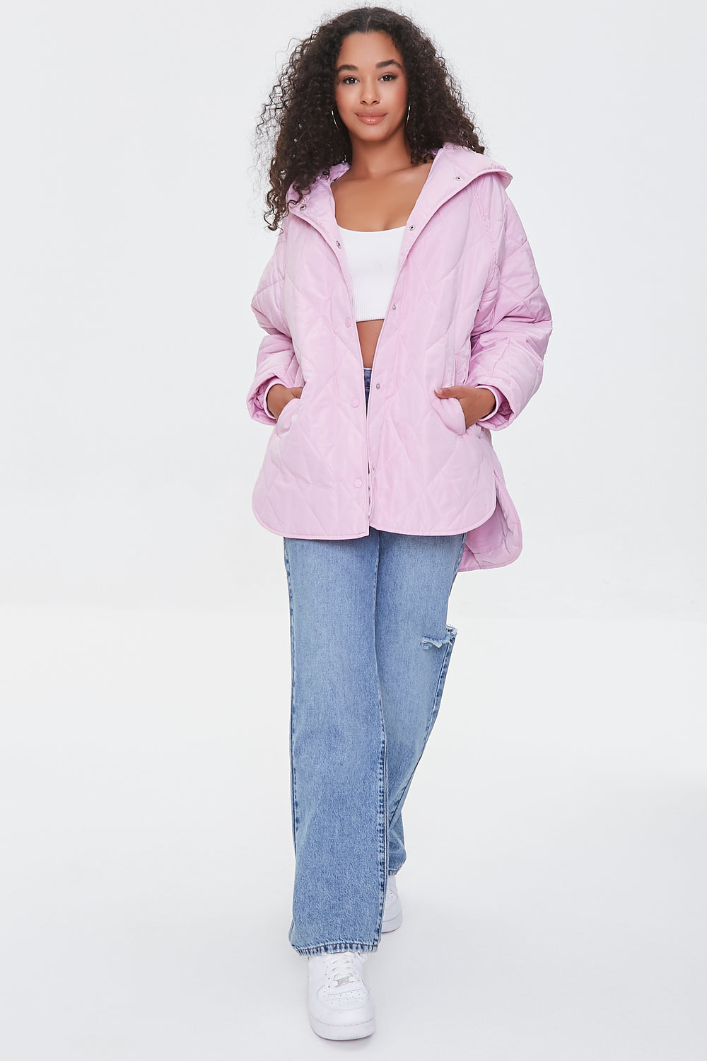 Quilted Button-Front Hooded Jacket Light Pink