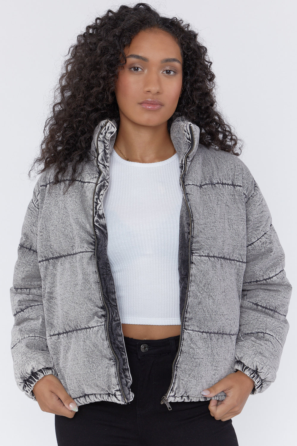 Denim Zip-Up Puffer Jacket Grey