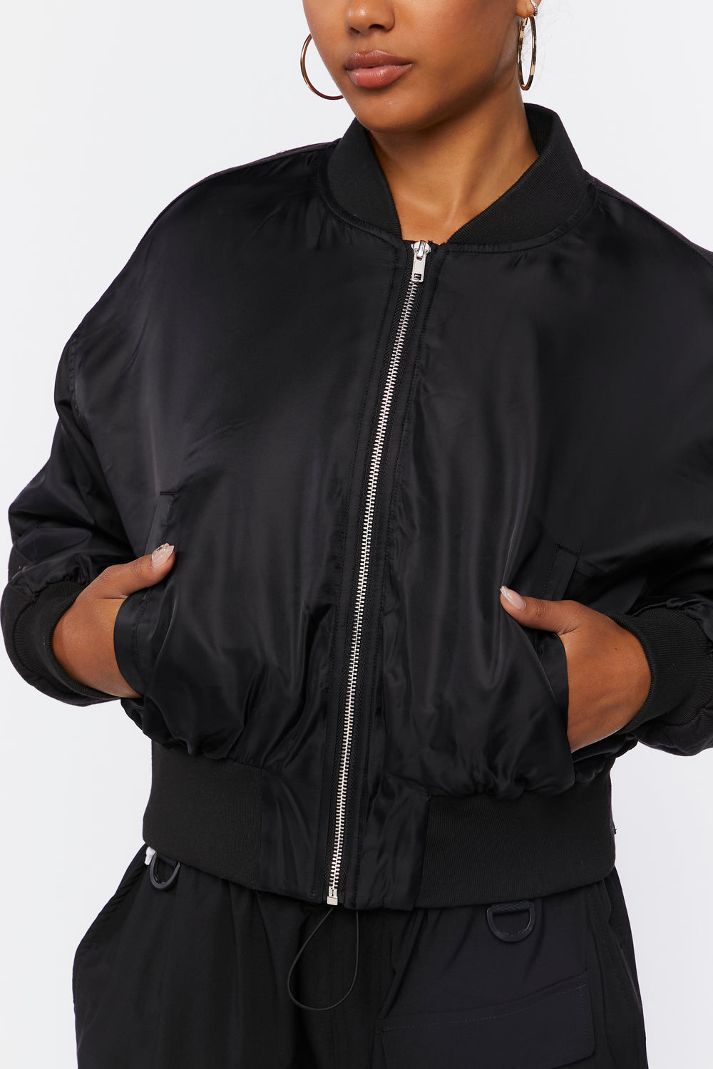 Ribbed-Trim Bomber Jacket Black