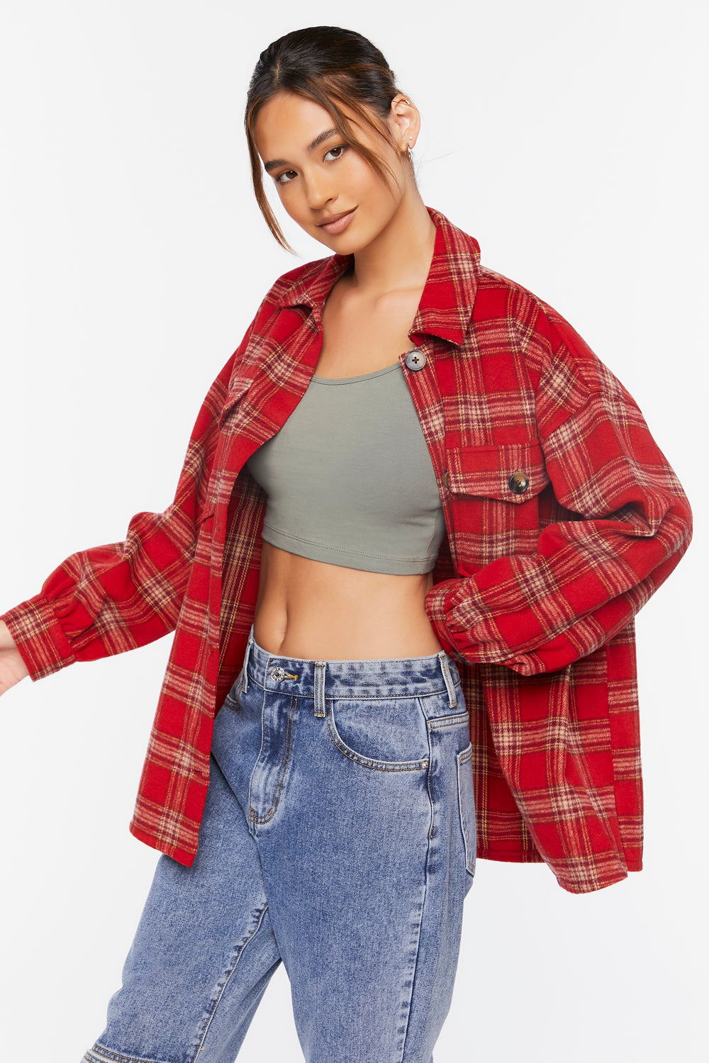 Plaid Button-Up Shacket Red