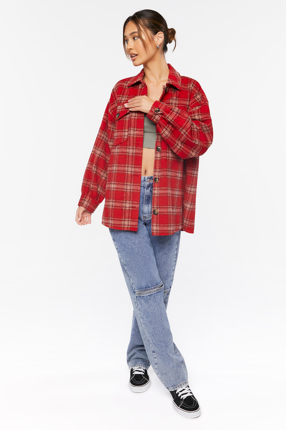 Plaid Button-Up Shacket Red