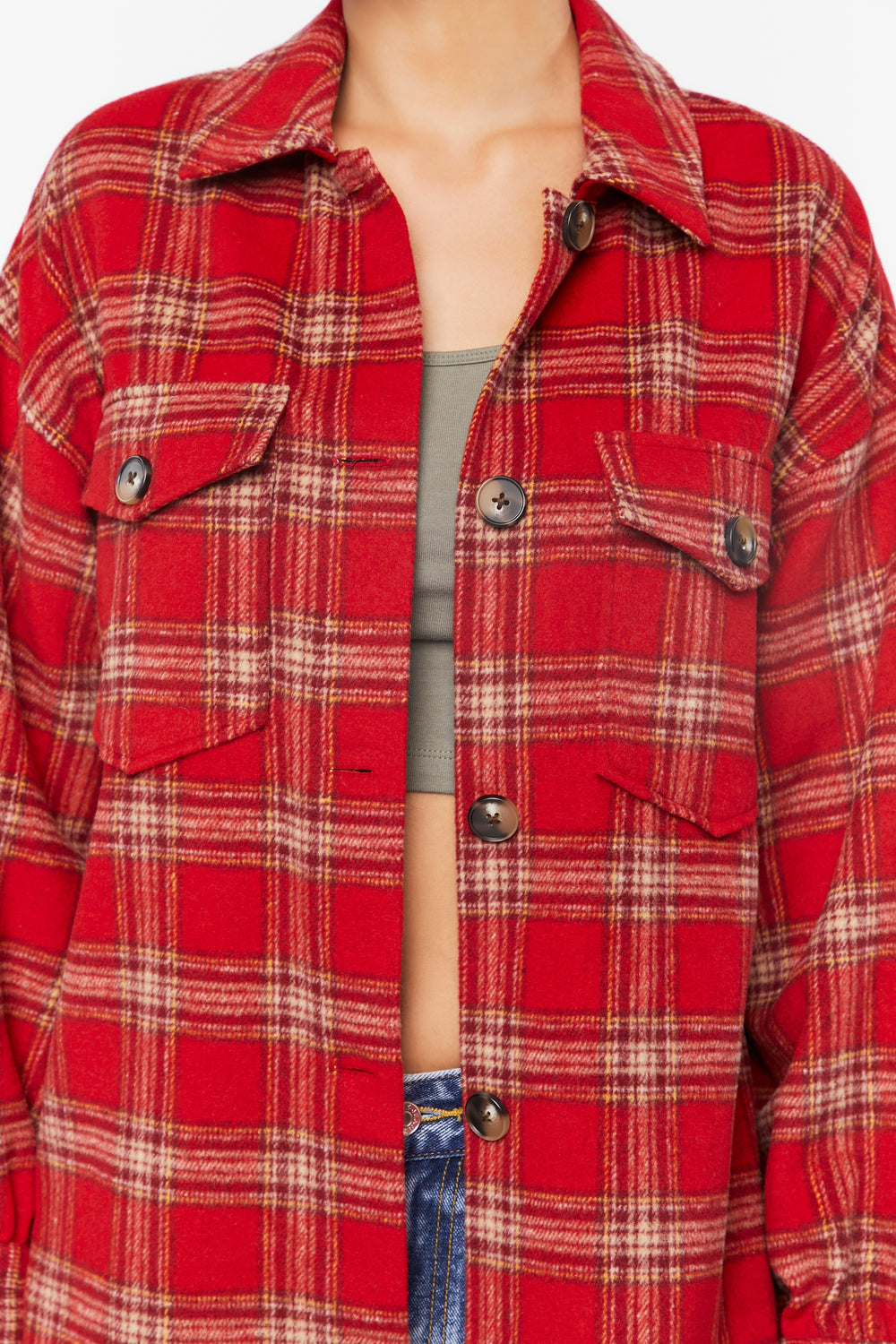 Plaid Button-Up Shacket Red