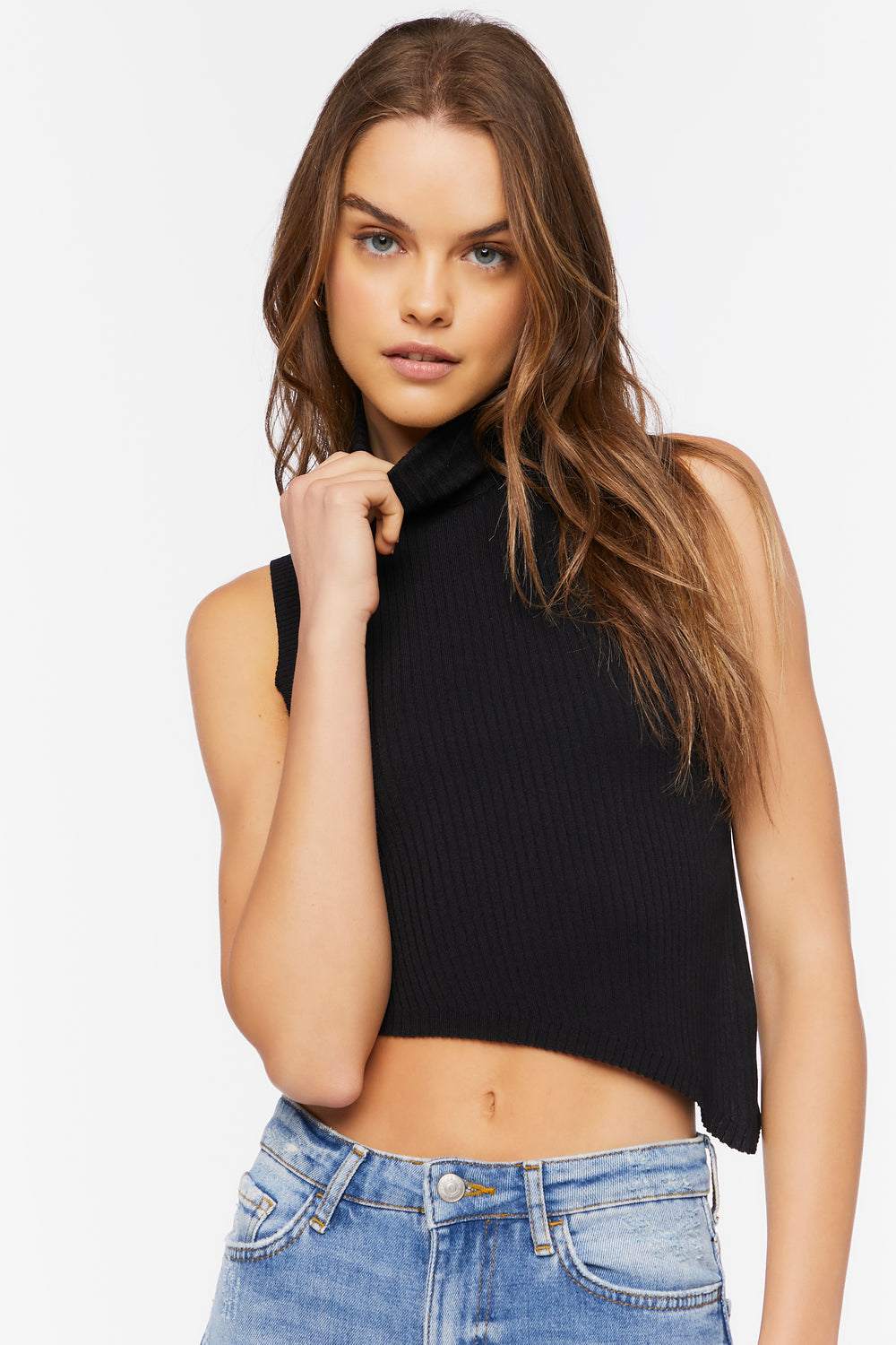 Sweater-Knit Asymmetrical Crop Top Black