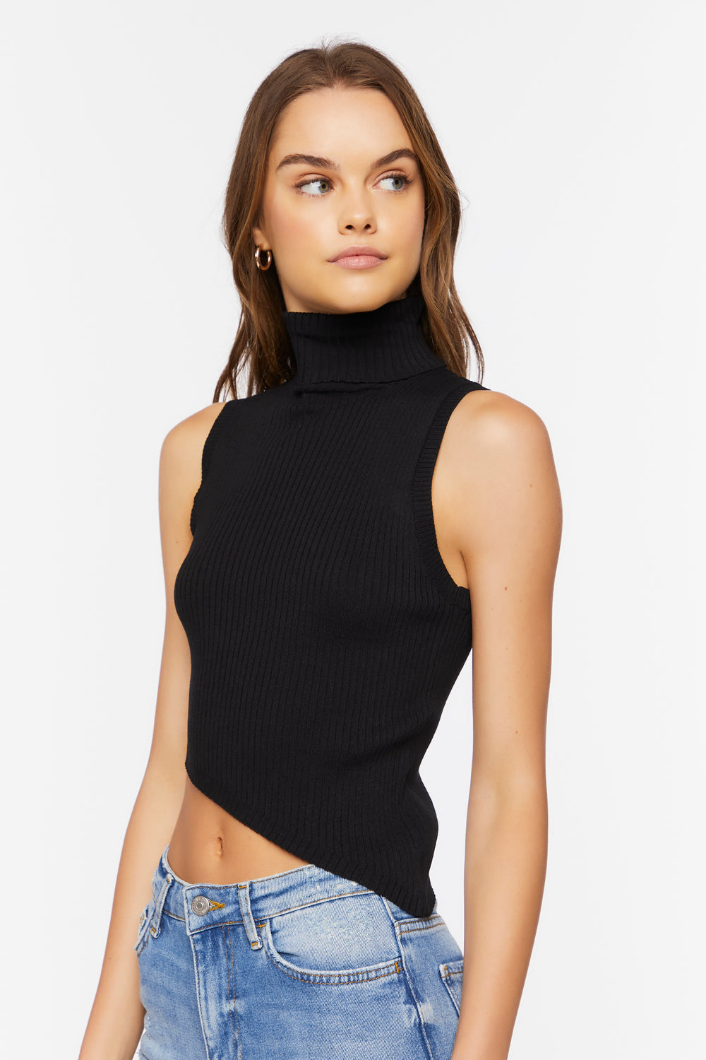 Sweater-Knit Asymmetrical Crop Top Black