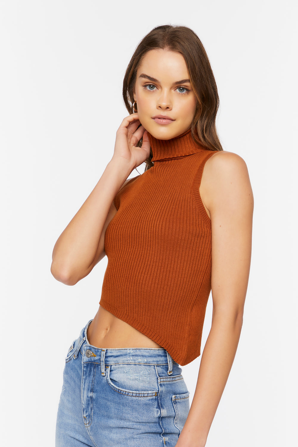 Sweater-Knit Asymmetrical Crop Top Brown