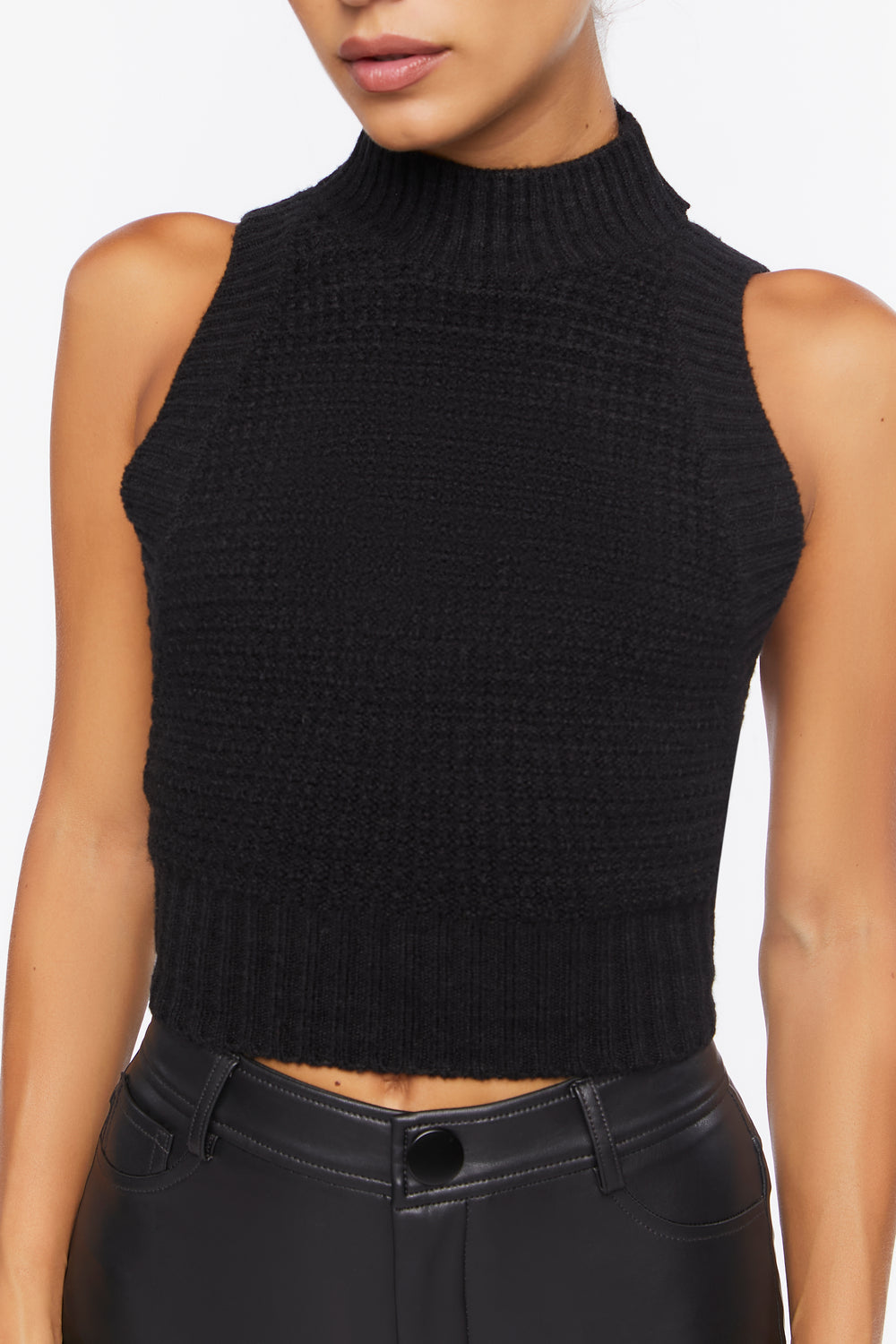 Sweater-Knit Mock Neck Top Black