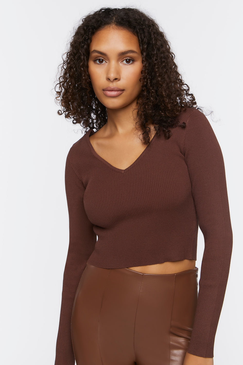 Ribbed Cropped Fitted Sweater Brown