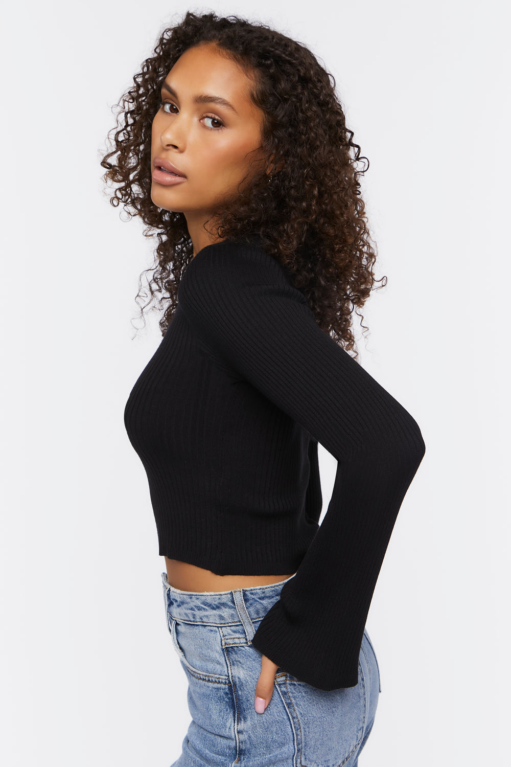 Ribbed Bell-Sleeve Crop Top Black