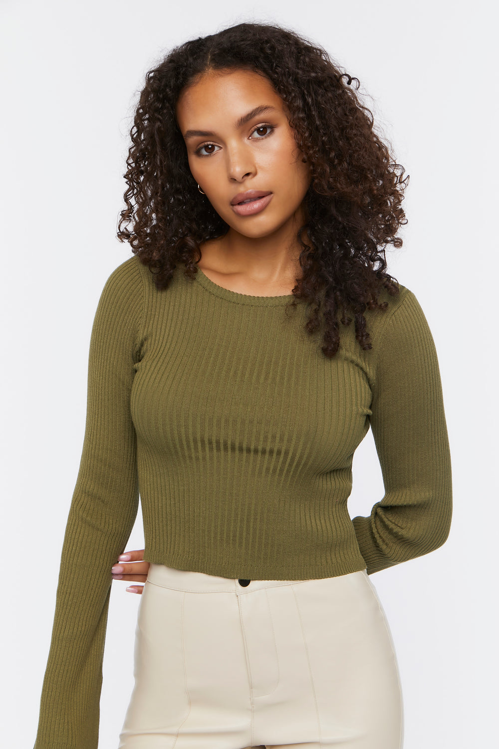 Ribbed Bell-Sleeve Crop Top Dark Green