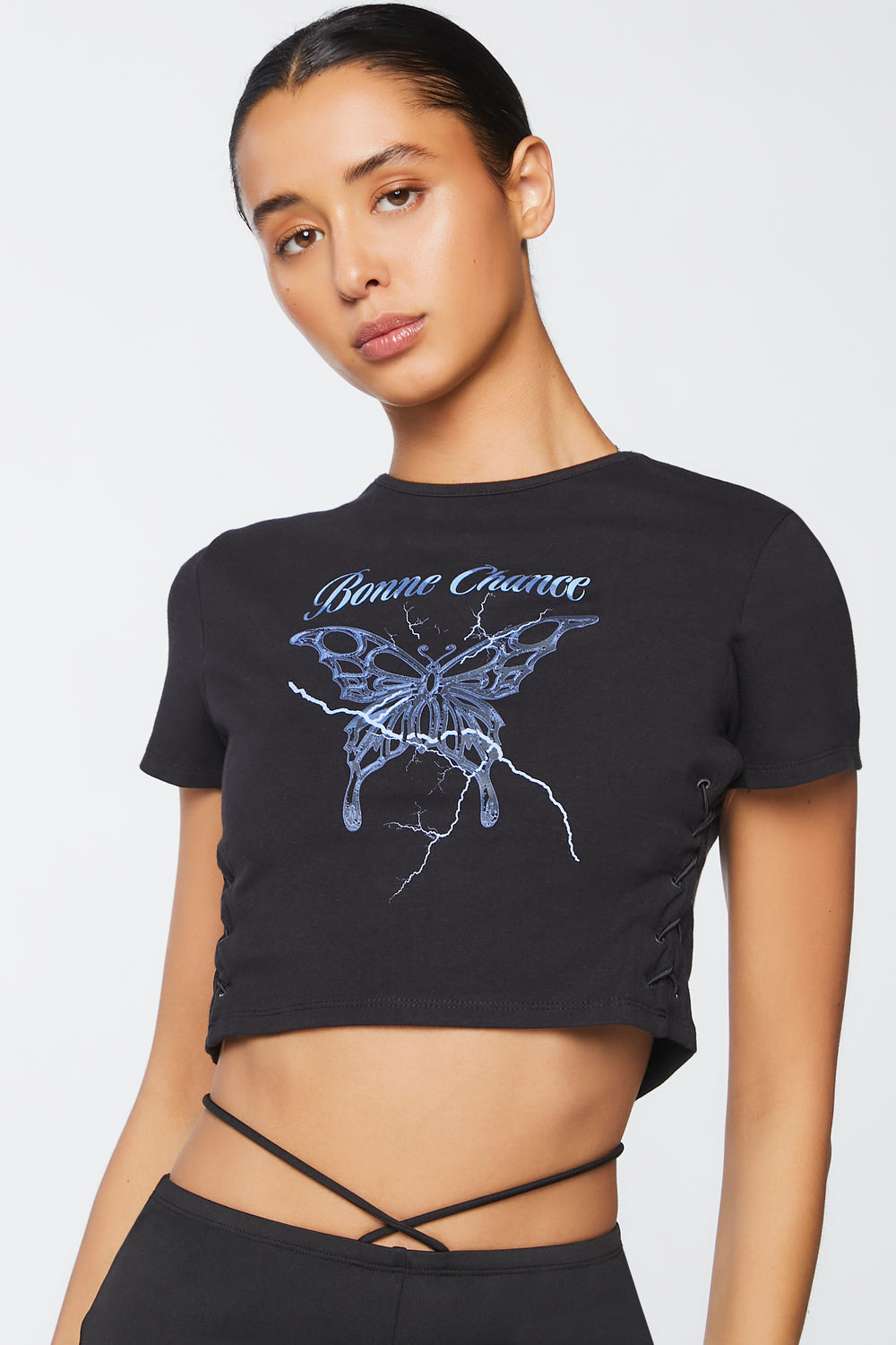 Bonne Chance Graphic Lace-Up Tee Black