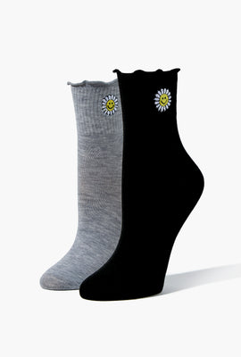 Link to Happy Face Daisy Crew Socks - 2 Pack Heather Grey