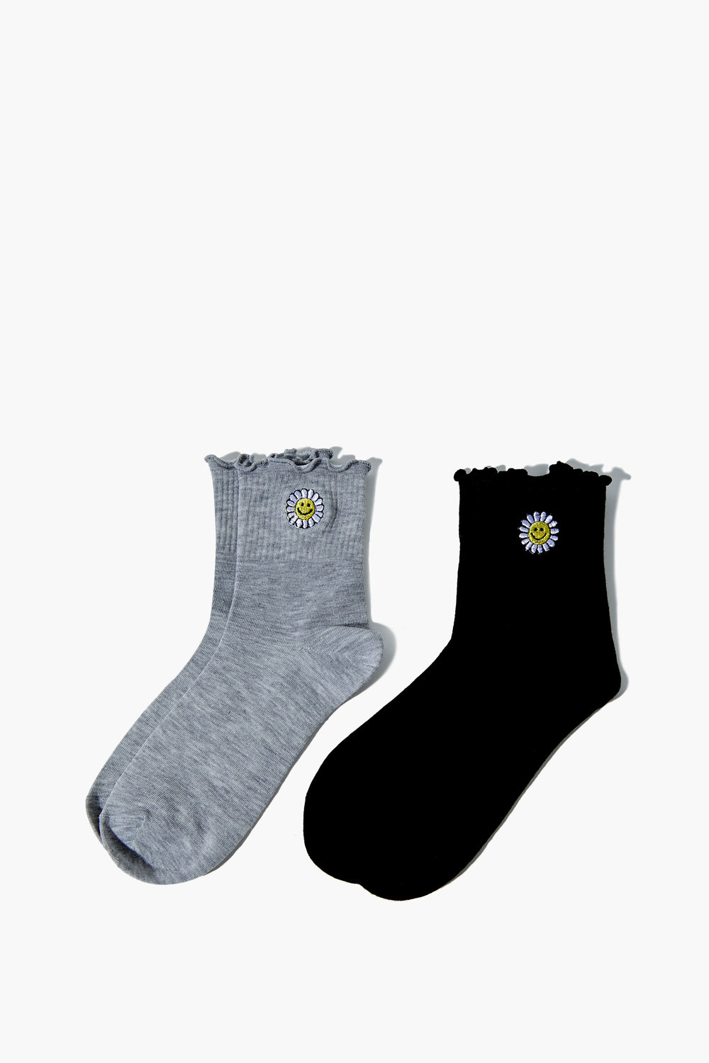 Happy Face Daisy Crew Socks - 2 Pack Heather Grey