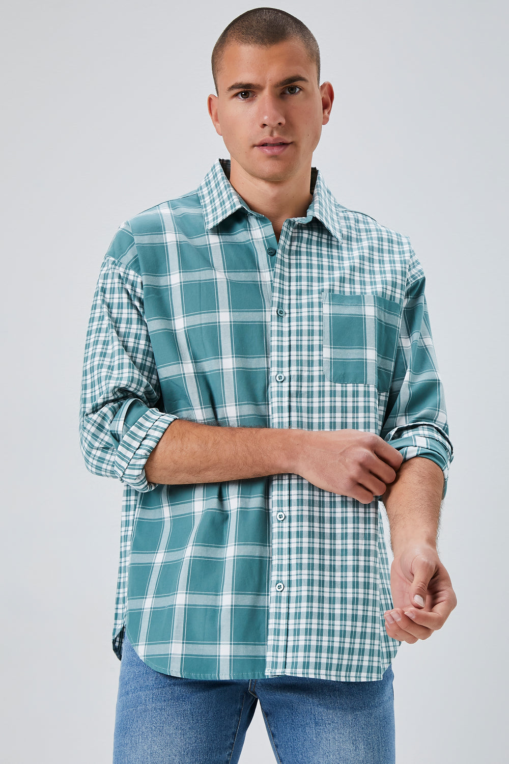 Reworked Plaid Button-Front Shirt Green