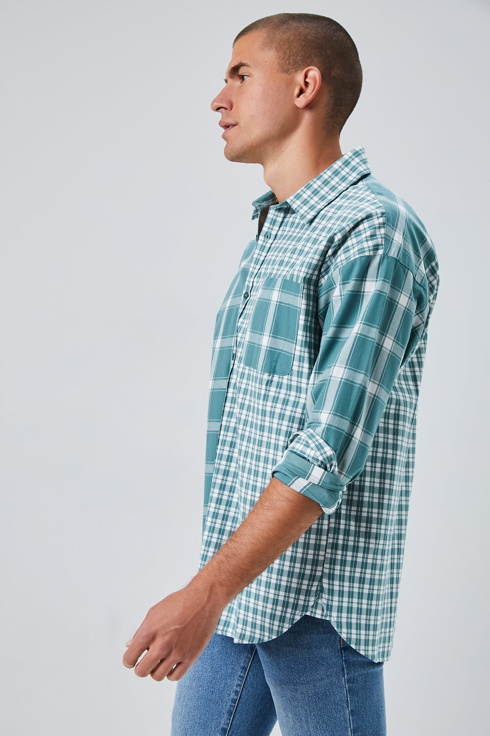 Reworked Plaid Button-Front Shirt Green