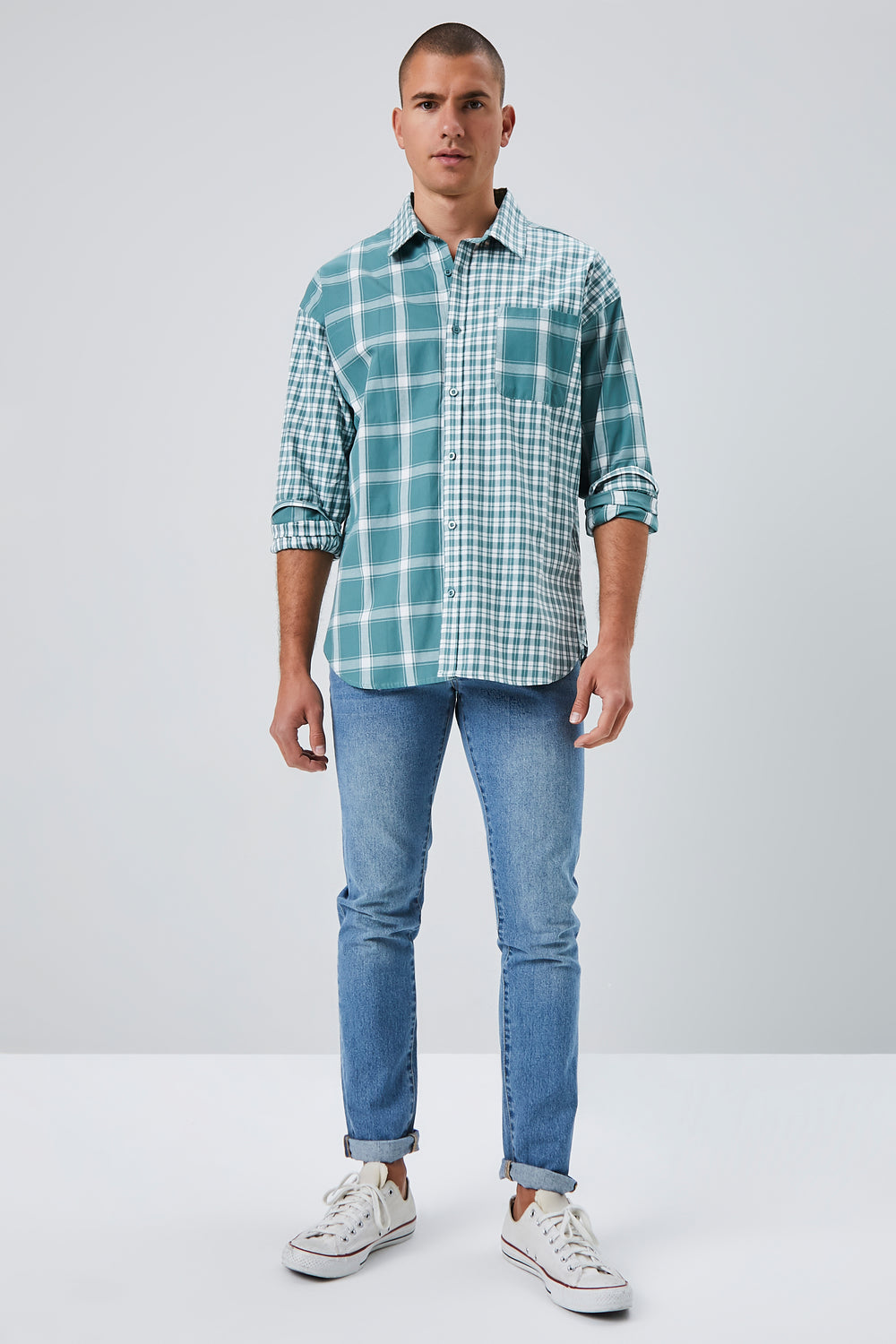 Reworked Plaid Button-Front Shirt Green