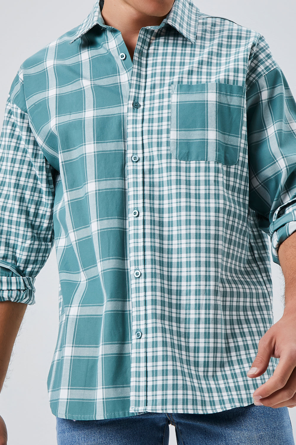 Reworked Plaid Button-Front Shirt Green