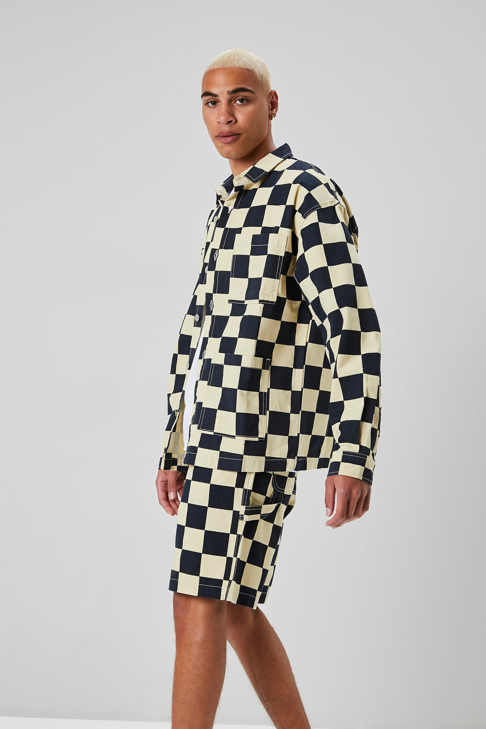 Checkered Button-Front Jacket Black