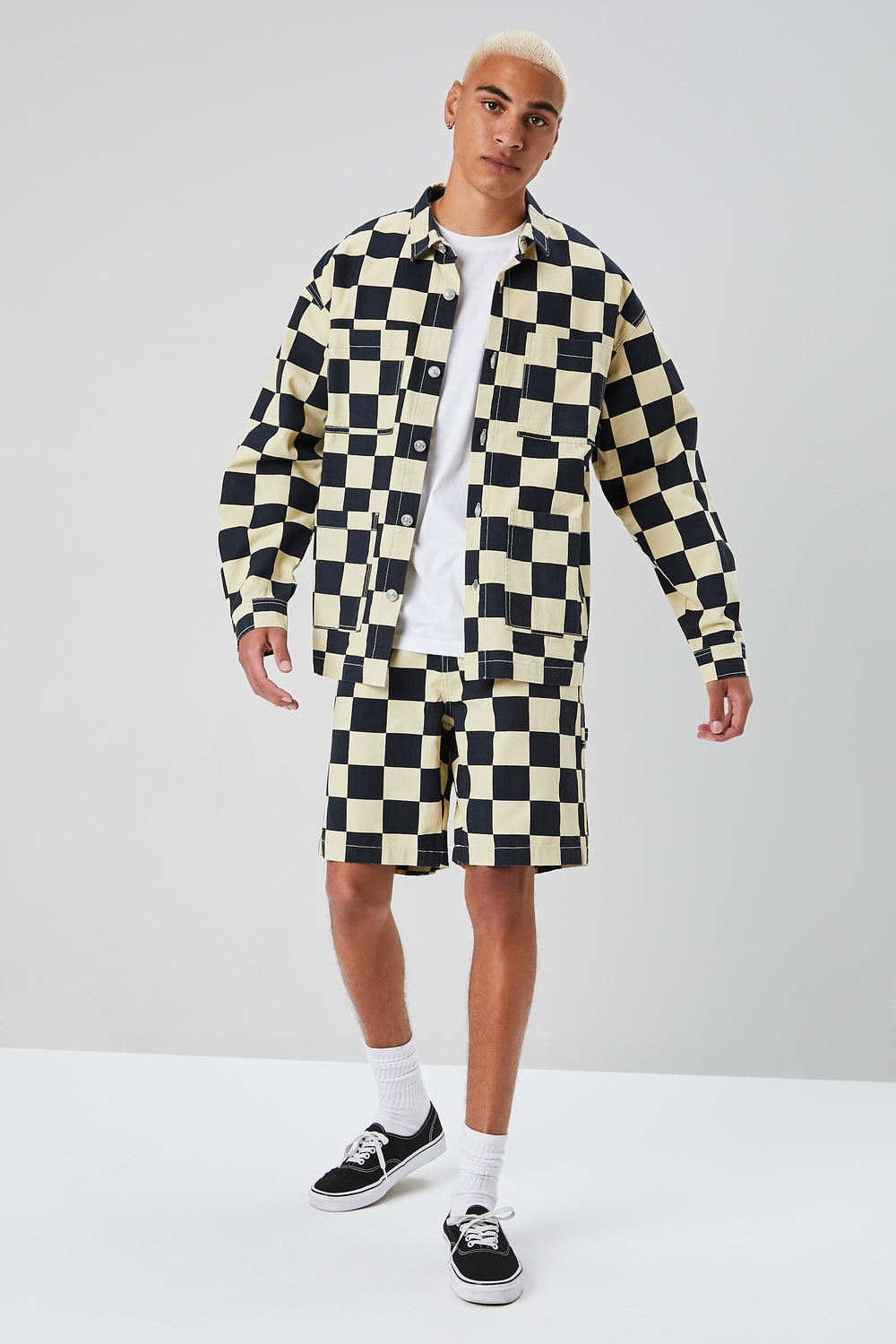Checkered Button-Front Jacket Black