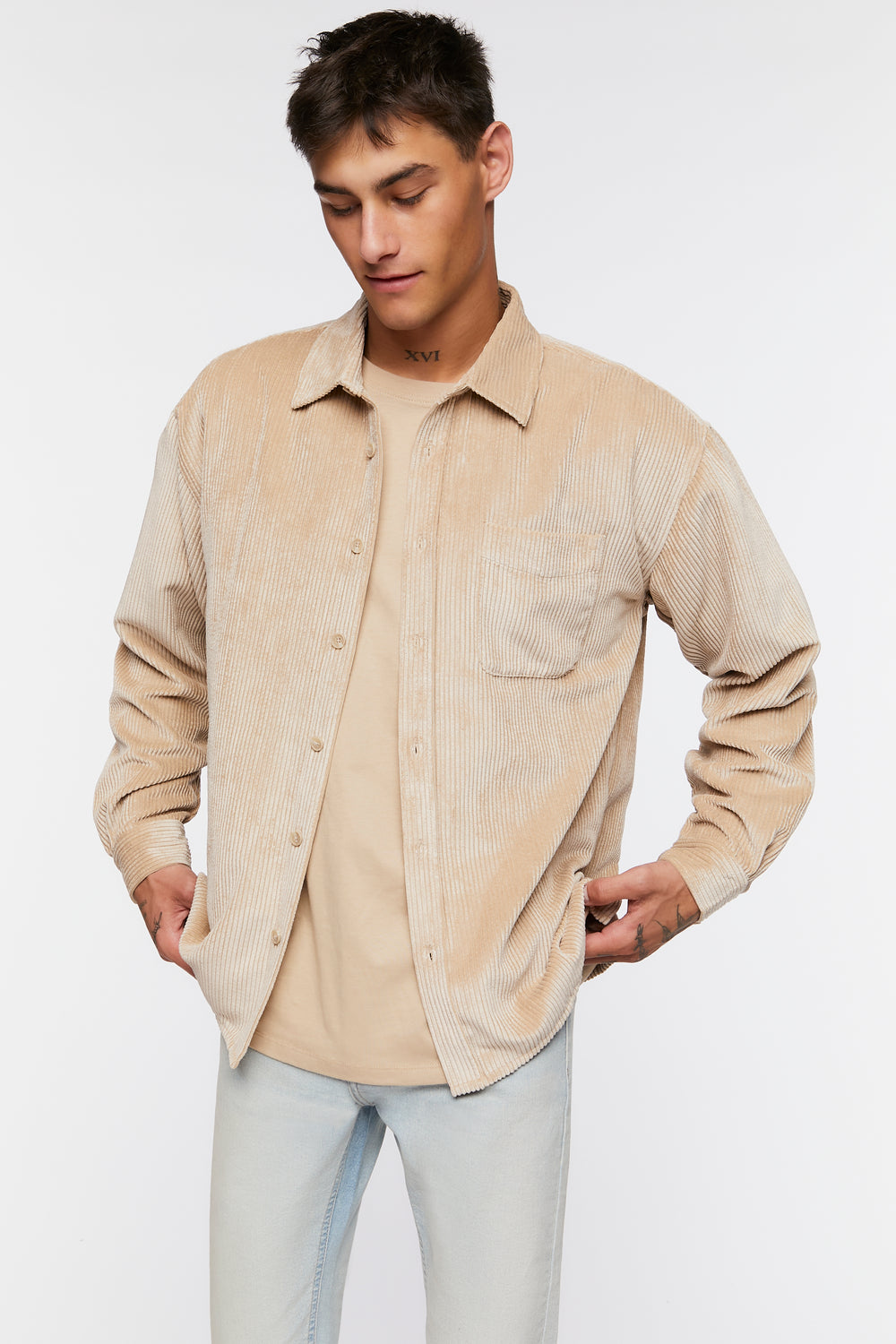 Corduroy Button-Front Shirt Taupe