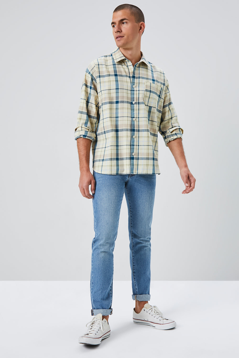 Plaid Linen-Blend Shirt Taupe