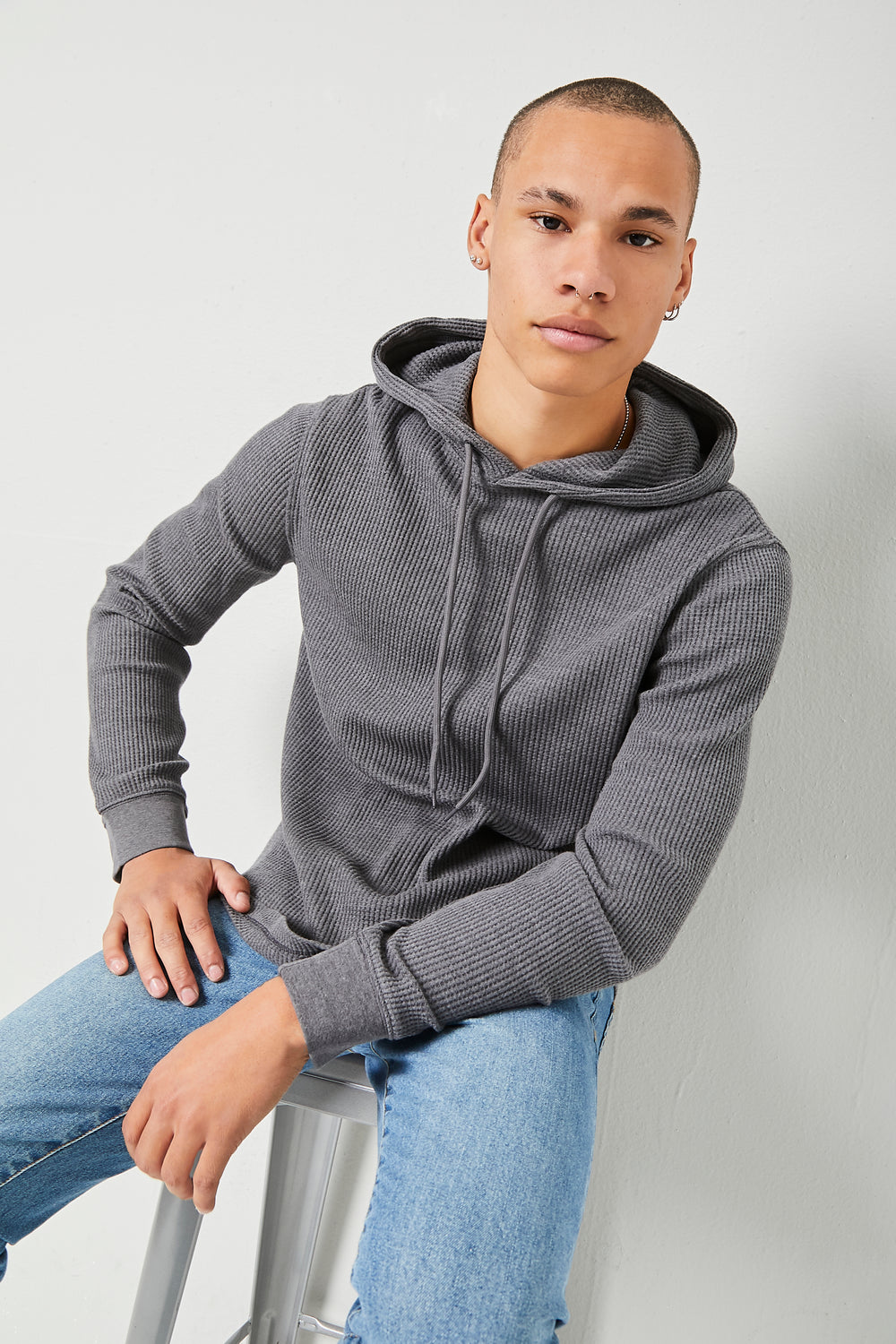 Sweater-Knit Drawstring Hoodie Charcoal