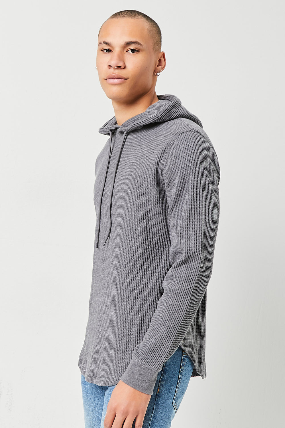 Sweater-Knit Drawstring Hoodie Charcoal