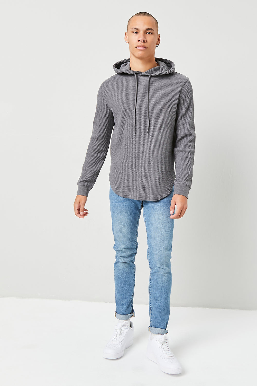 Sweater-Knit Drawstring Hoodie Charcoal