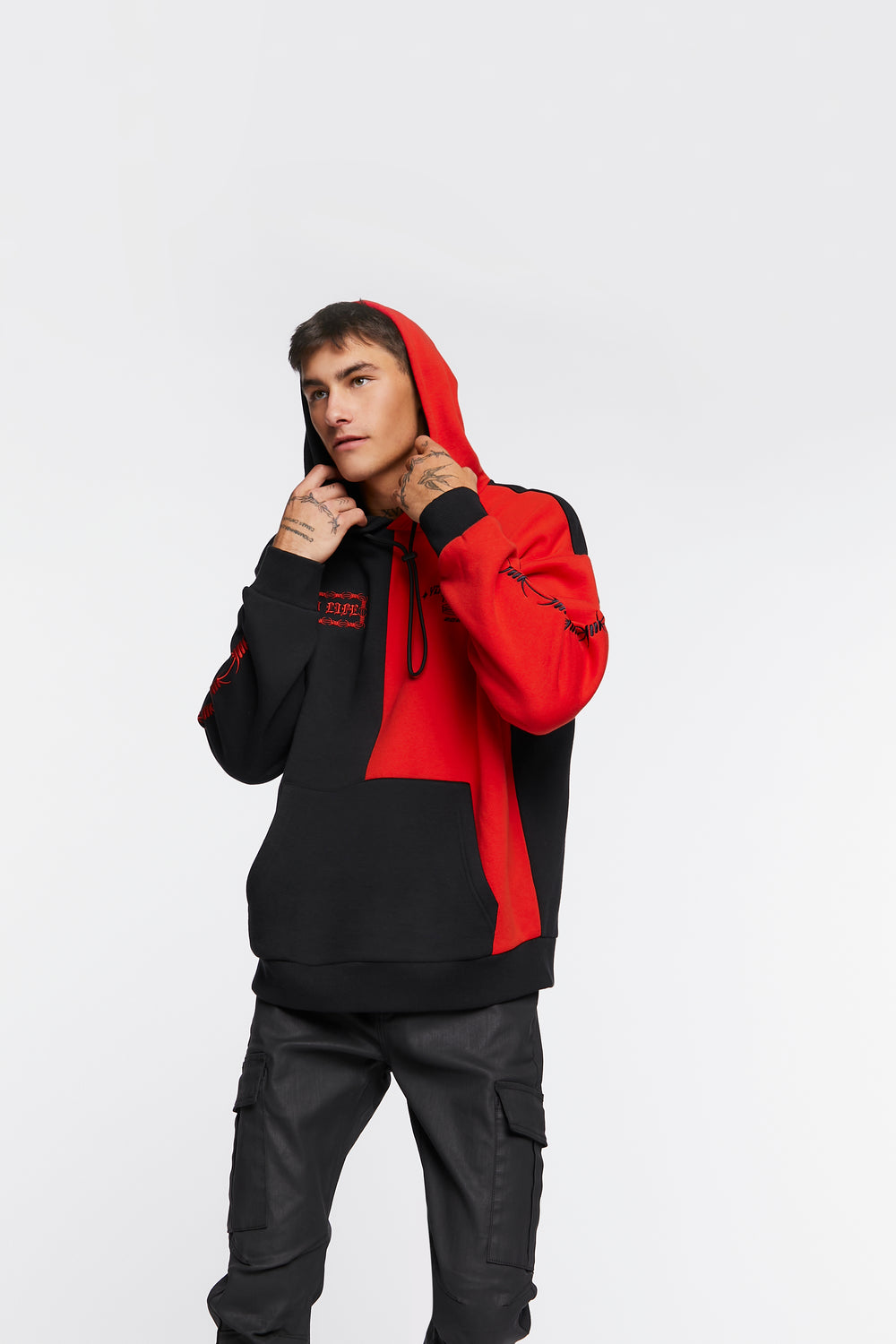 Colorblock Graphic Embroidered Hoodie Black