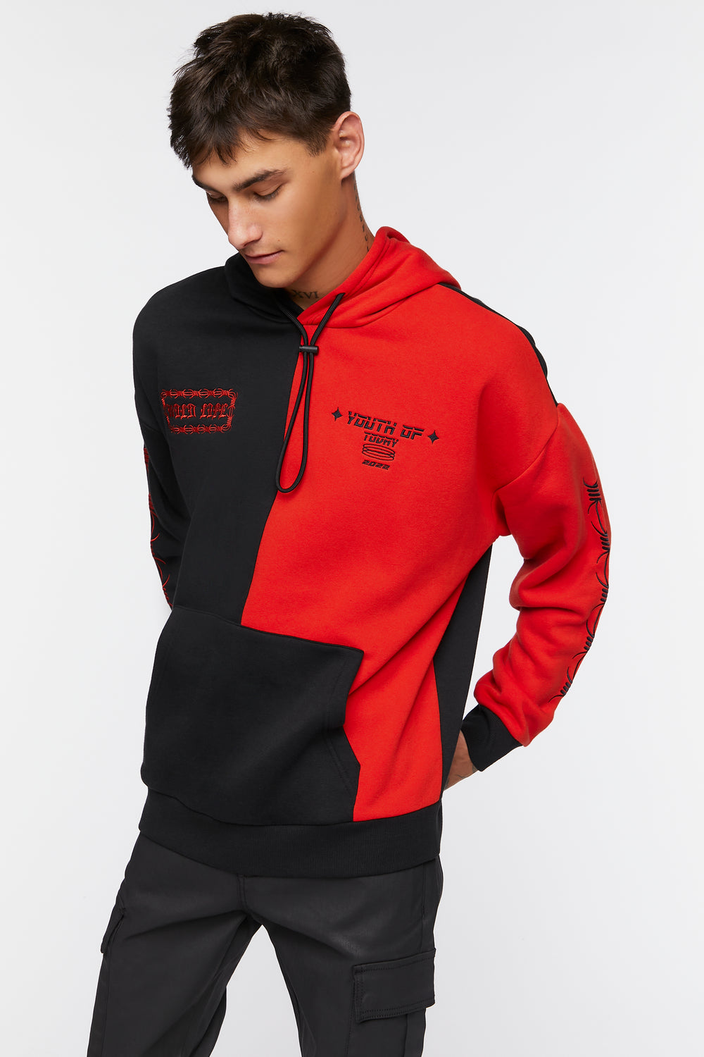 Colorblock Graphic Embroidered Hoodie Black