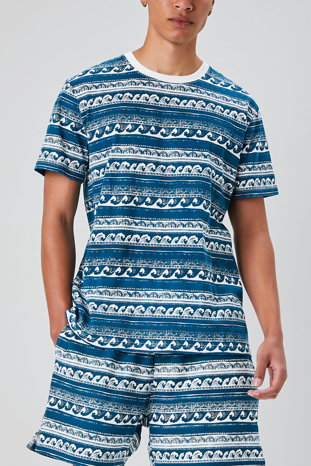 Ornate Wave Print Crew Neck Tee Dark Blue