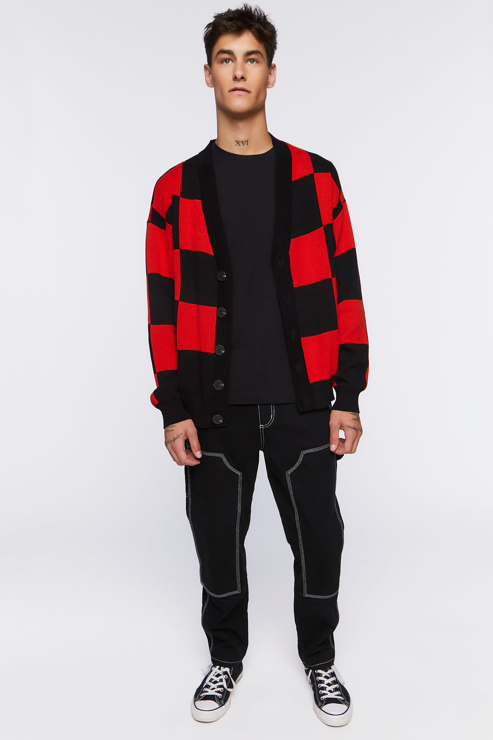 Checkered Cardigan Sweater Black