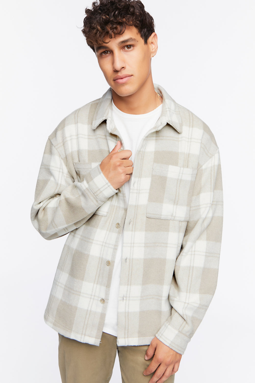 Plaid Button-Up Shirt Khaki