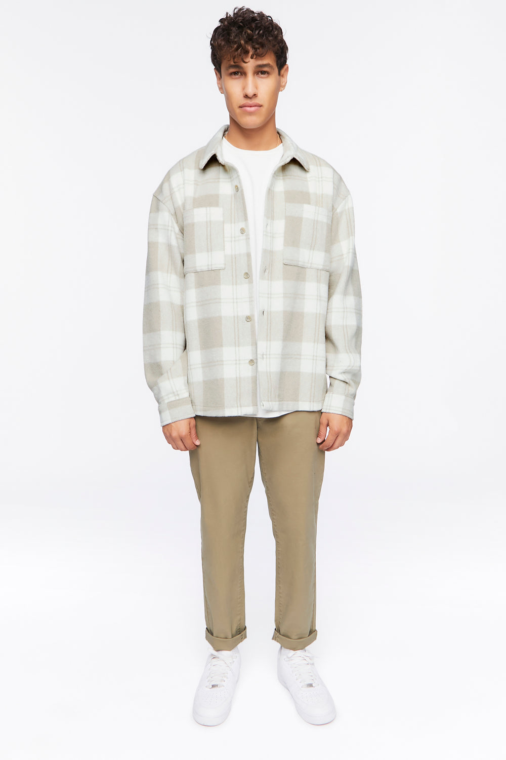 Plaid Button-Up Shirt Khaki
