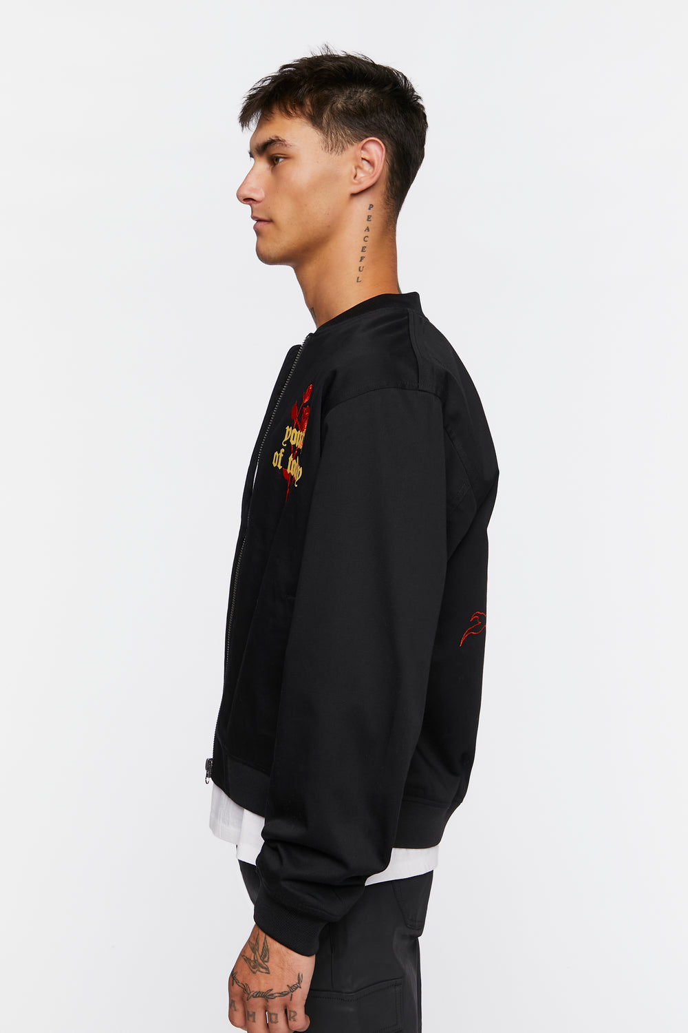 Embroidered Rose Bomber Jacket Black