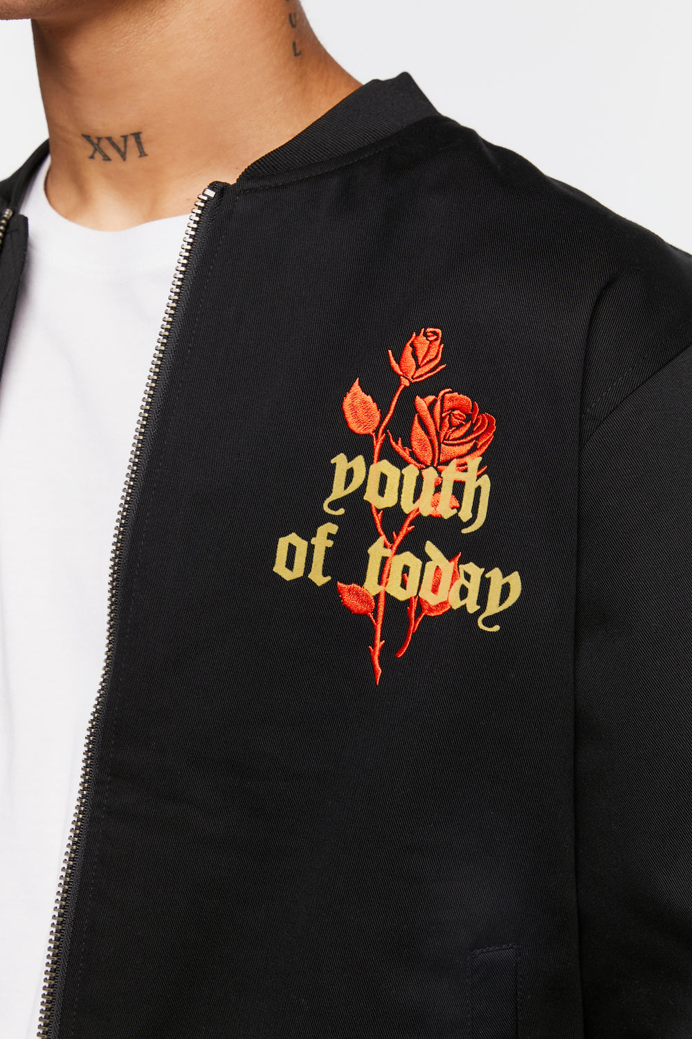 Embroidered Rose Bomber Jacket Black