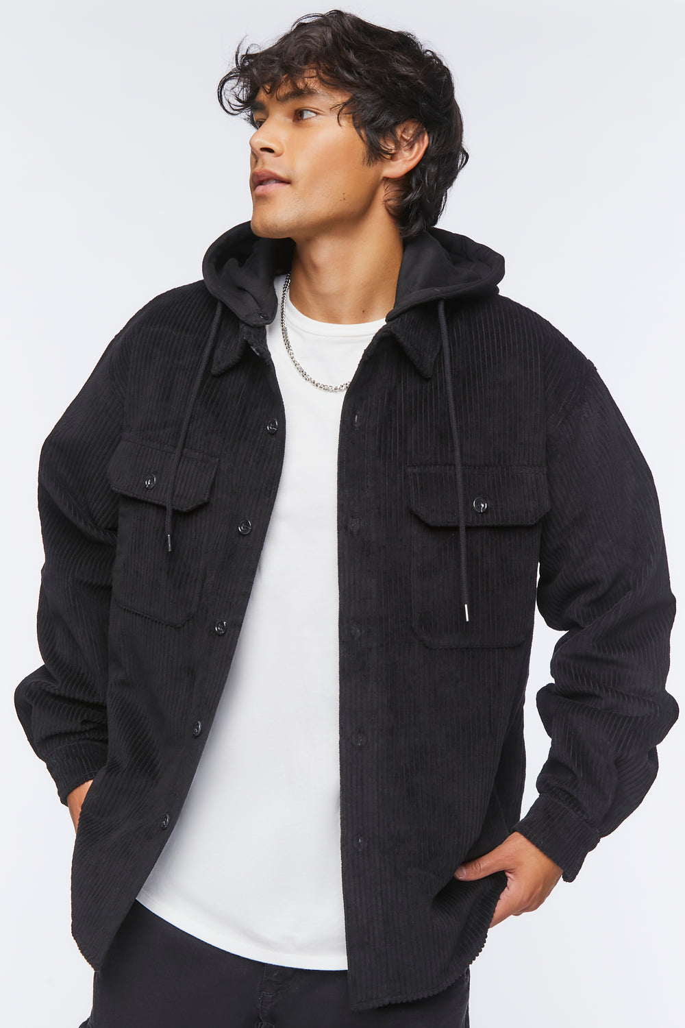 Corduroy Hooded Combo Shacket Black