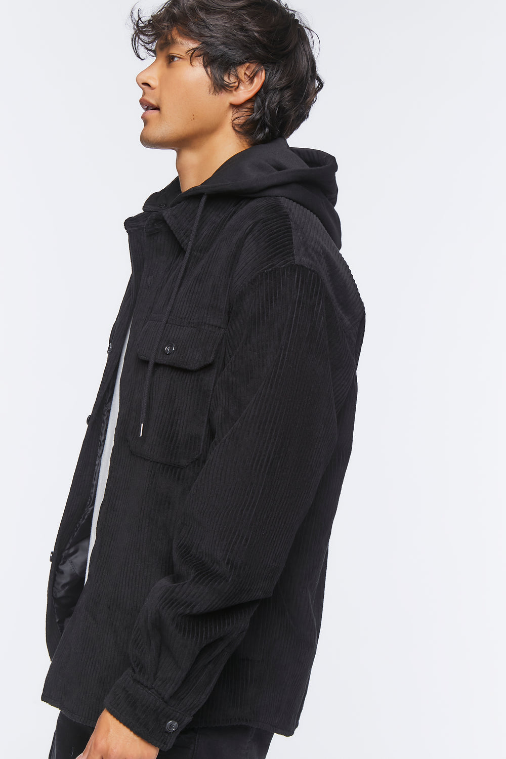 Corduroy Hooded Combo Shacket Black